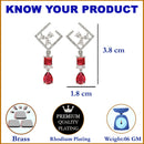 Rhodium-Plated Red & White American Diamond studded Square & Teardrop Shaped Contemporary Drop Earrings