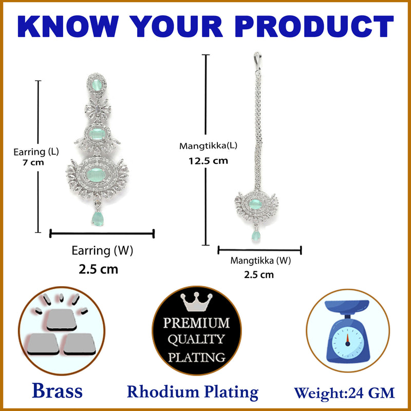 Rhodium Plated Silver Toned Sea Green American Diamond Studded Maang Tikka With Earring