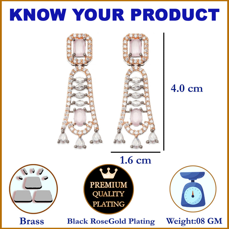 Rose Gold-Plated Gunmetal Toned Pink American Diamond studded Classic Contemporary Drop Earrings