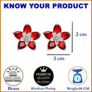 Rhodium-Plated with Silver-Toned Red American Diamond Floral Studs Earrings