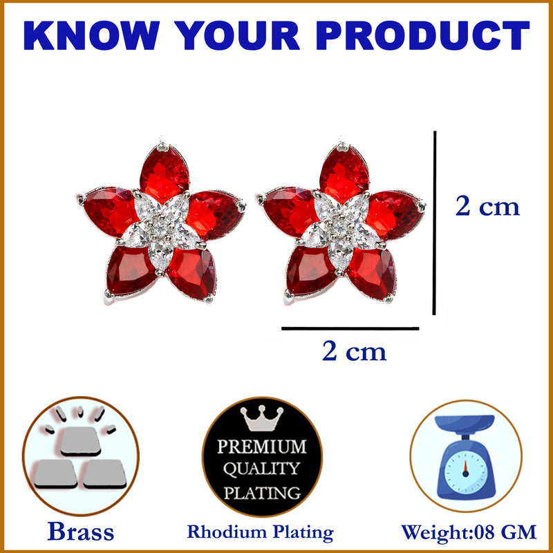 Rhodium-Plated with Silver-Toned Red American Diamond Floral Studs Earrings