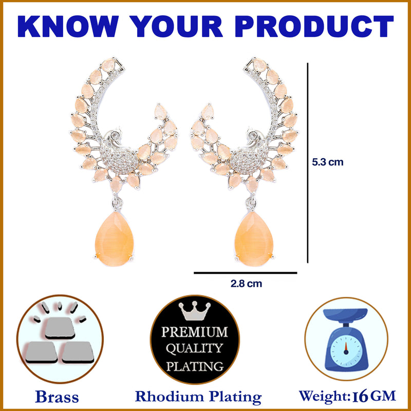 Rhodium-Plated Orange American Diamond studded Peacock & Feather Shaped Drop Earrings