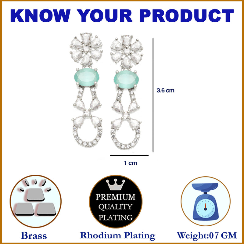 Rhodium-Plated Sea Green American Diamond studded Floral Shaped Drop Earrings