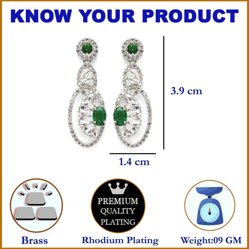 Rhodium-Plated Green American Diamond studded Oval & Quirky Shaped Drop Earrings