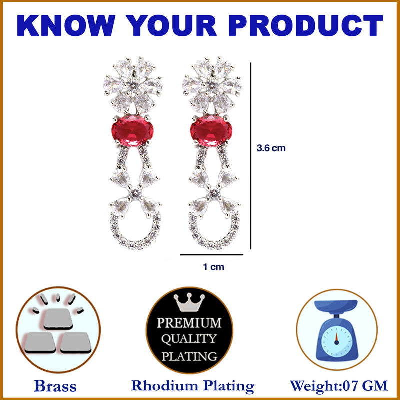 Rhodium-Plated Red American Diamond studded Floral Shaped Drop Earrings