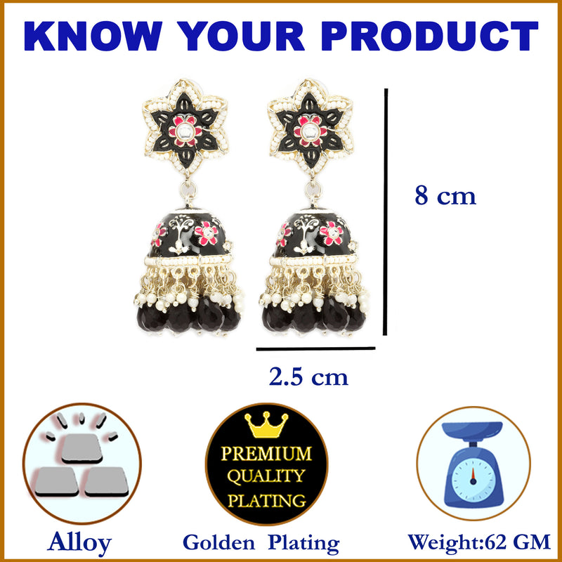 Gold-Plated Black & White Kundan-Pearls studded Star Shaped Enamelled Jhumka Earrings