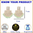 Gold-Plated Sea Green & White Kundan studded Crescent Shaped Drop Earrings