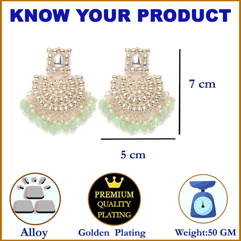 Gold-Plated Sea Green & White Kundan studded Crescent Shaped Drop Earrings