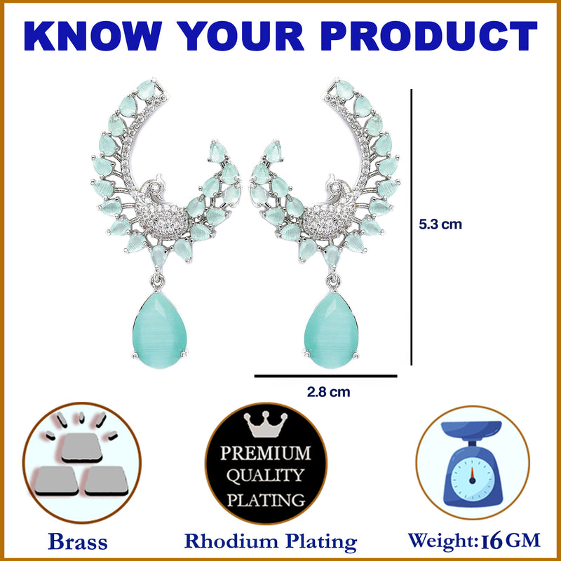 Rhodium-Plated Sea Green American Diamond studded Peacock & Feather Shaped Drop Earrings