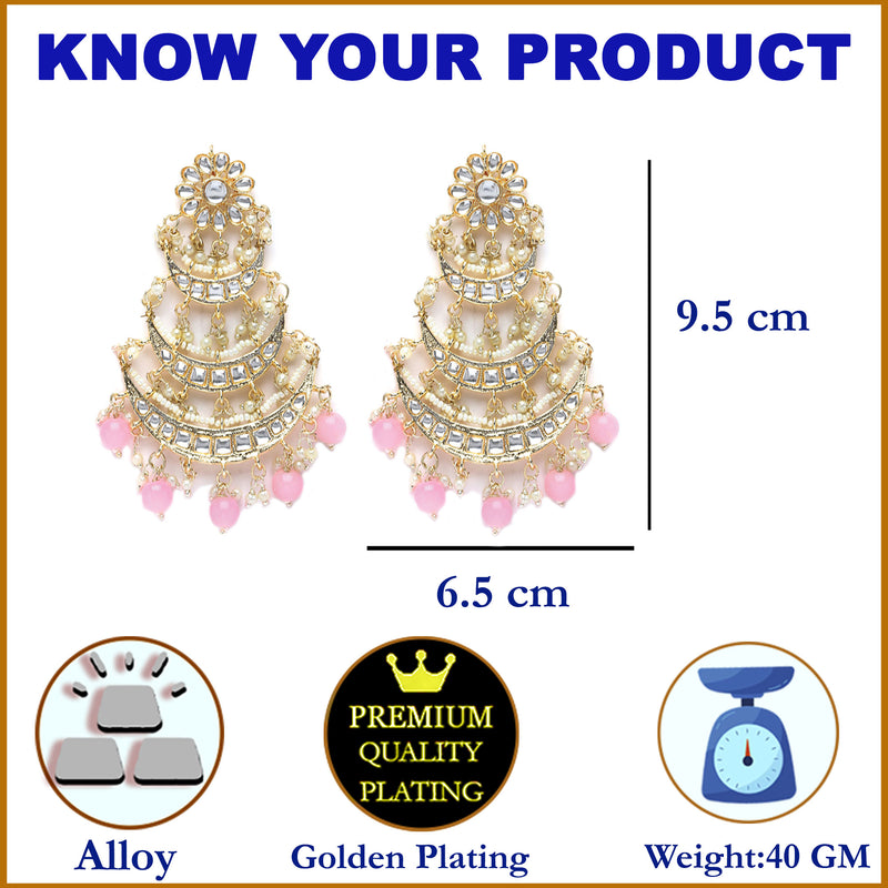 Gold-Plated Pink Pearls & Kundan studded Crescent Shaped Vilandi Drop Earrings