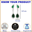 Rhodium-Plated Green & White American Diamond studded Teardrop Shaped Classic Drop Earrings