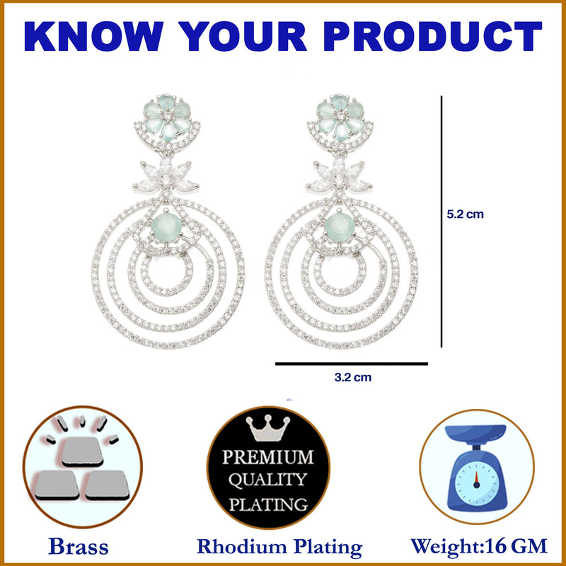 Rhodium-Plated Sea Green & White American Diamond studded Floral & Circular Layered Drop Earrings
