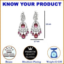 Rhodium-Plated Red & White American Diamond studded Oval & Leaf Shaped Drop Earrings