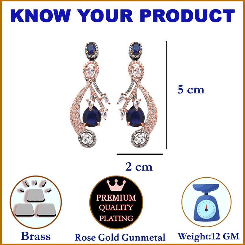 Rose Gold-Plated Gunmetal Toned Navy Blue American Diamond studded Quirky Shaped Drop Earrings