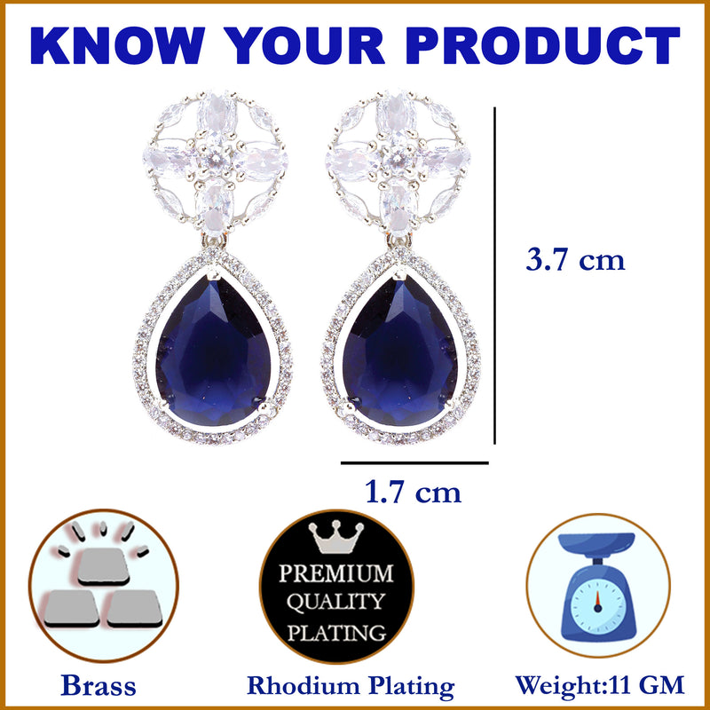Rhodium-Plated Navy Blue & White American Diamond studded Teardrop & Floral Shaped Drop Earrings