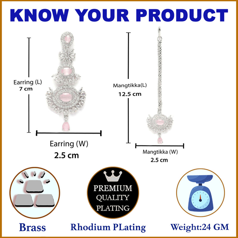 Rhodium Plated Silver Toned Pink American Diamond Studded Maang Tikka  With Earring