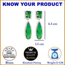 Rhodium-Plated Green & White American Diamond studded Teardrop Shaped Drop Earrings