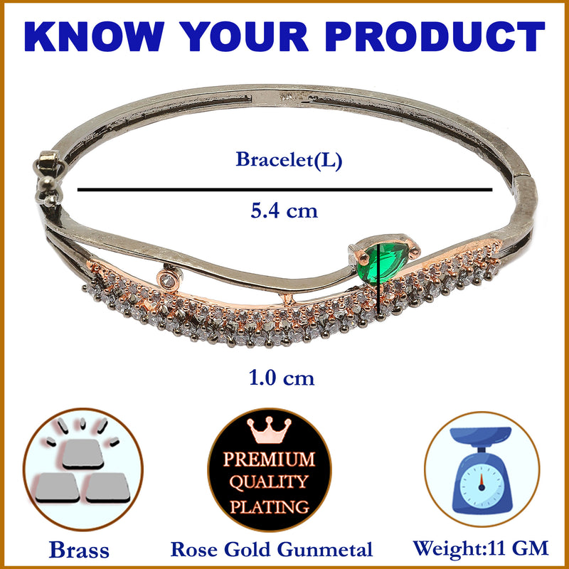 Rhodium Plated Silver Toned Emerald Green Teardrop Shaped American Diamond Stone Studded Kada Bracelet