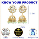 Gold-Plated Sea Green Kundan & White Pearls studded Flower Shaped Vilandi Jhumka Earrings