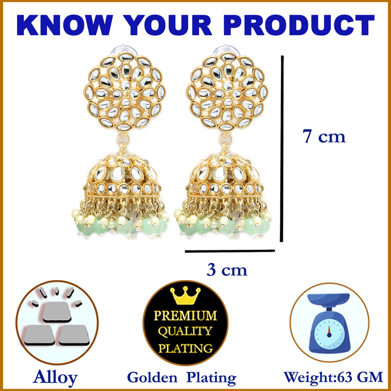 Gold-Plated Sea Green Kundan & White Pearls studded Flower Shaped Vilandi Jhumka Earrings