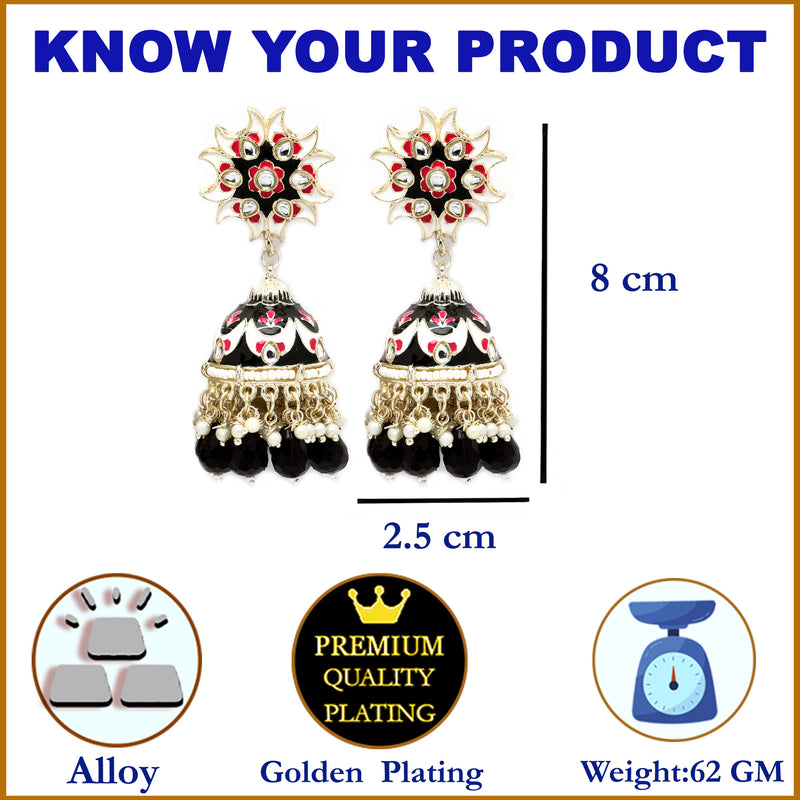 Gold-Plated Black & White Kundan-Pearls studded Crescent Shaped Hand Painted Jhumka Earrings