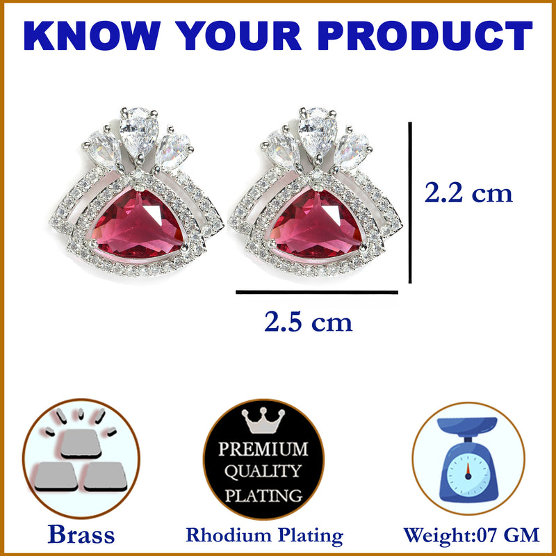 Red American Diamond Triangular Shaped Rhodium-Plated with Silver-Tone Studs Earrings