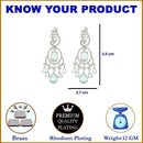 Rhodium Plated Oval Sea Green American Diamond Contemporary Long Drop Earrings