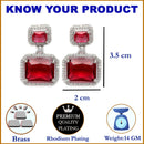 Rhodium-Plated Silver Toned Red & White American Diamond studded Square Shaped Drop Earrings