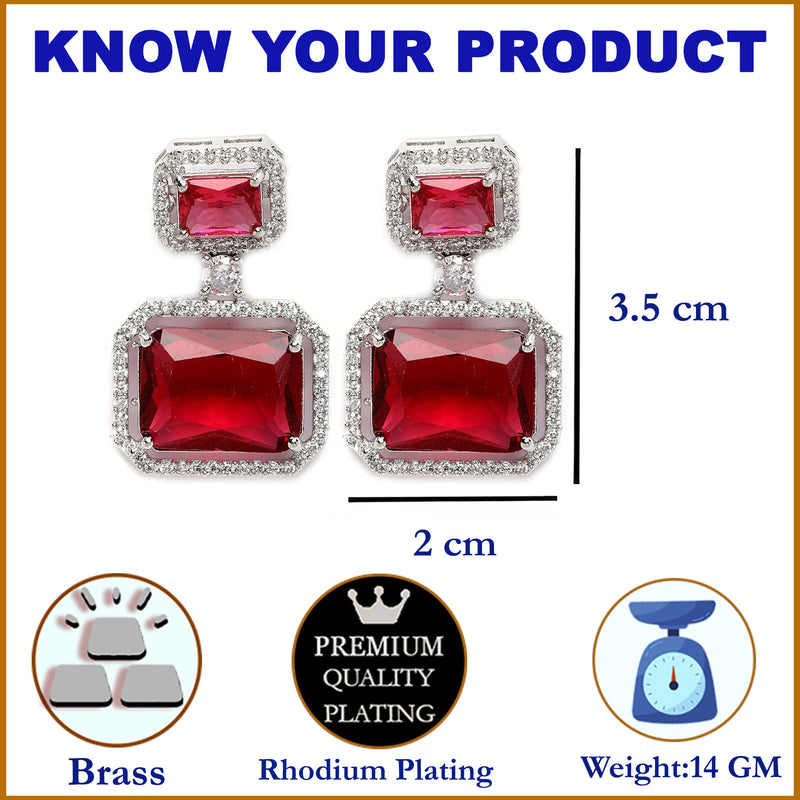 Rhodium-Plated Silver Toned Red & White American Diamond studded Square Shaped Drop Earrings