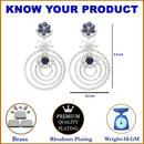 Rhodium-Plated Navy Blue & White American Diamond studded Floral & Circular Layered Drop Earrings