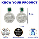 Green American Diamond Studded Geometric Shaped Rhodium-Plated with Silver-Tone Drop Earrings