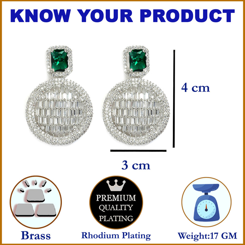 Green American Diamond Studded Geometric Shaped Rhodium-Plated with Silver-Tone Drop Earrings