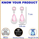 Rhodium-Plated Pink & White American Diamond studded Teardrop Drop Earrings