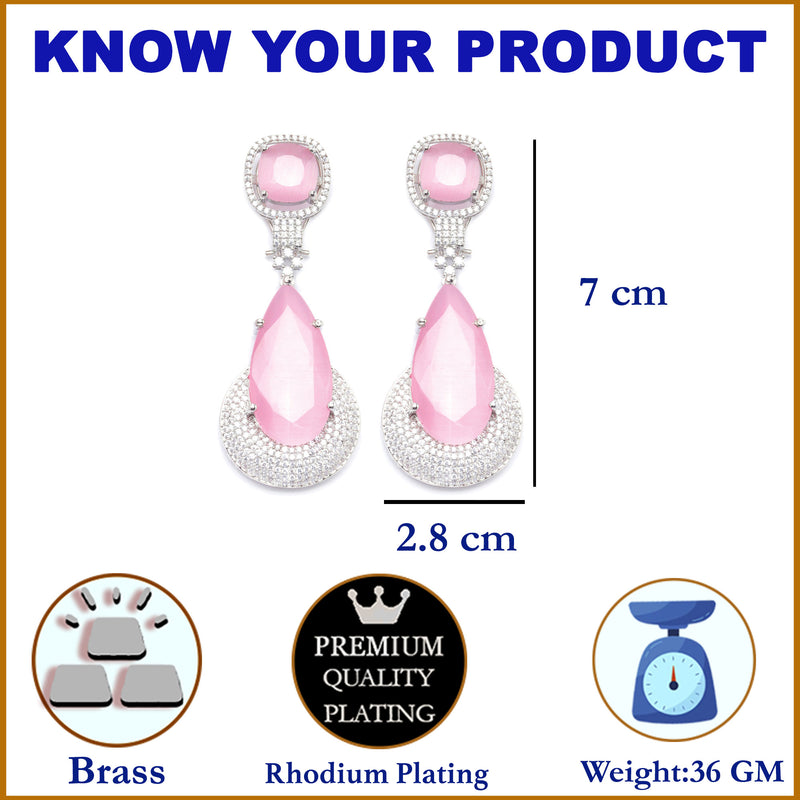 Rhodium-Plated Pink & White American Diamond studded Teardrop Drop Earrings
