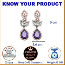 Rose Gold-Plated Gunmetal Toned Purple American Diamond studded Teardrop & Leaf Shaped Drop Earrings