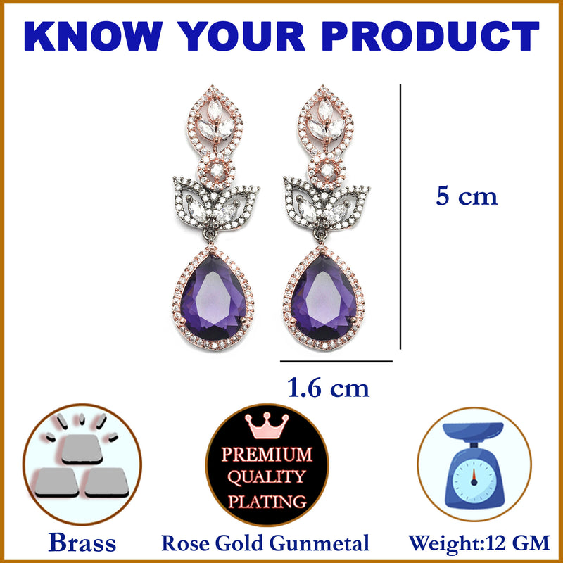Rose Gold-Plated Gunmetal Toned Purple American Diamond studded Teardrop & Leaf Shaped Drop Earrings