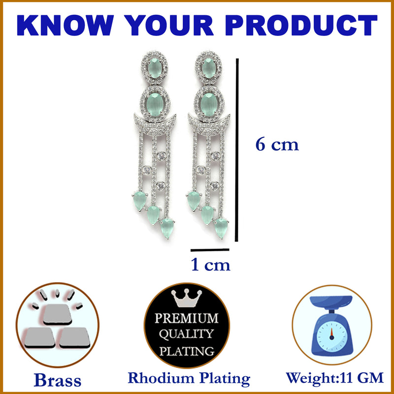 Rhodium-Plated Silver Toned Sea Green & White American Diamond studded Crescent Shaped Drop Earrings