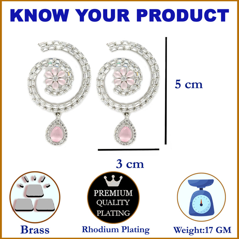 Rhodium-Plated with Silver-Toned American Diamond Circular Drop Earrings