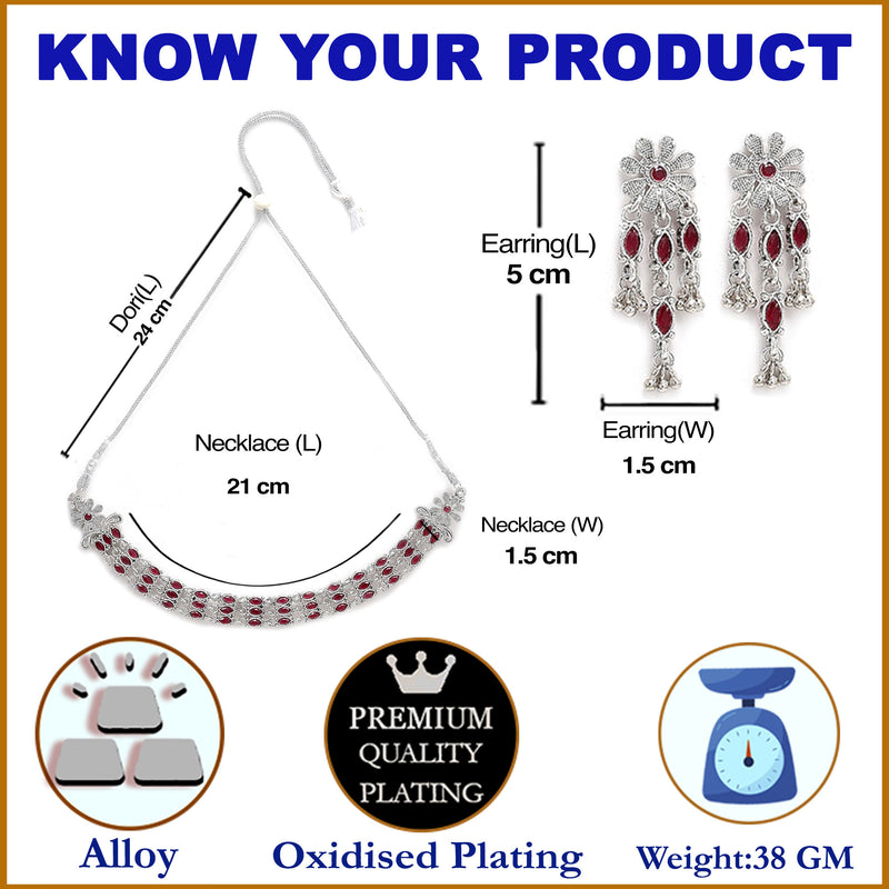 Rhodium-Plated with Oxidised Silver-Tone Red Kundan Studded Jewellery Set