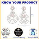Rhodium Plated Circular Pink American Diamond Contemporary Drop Earrings