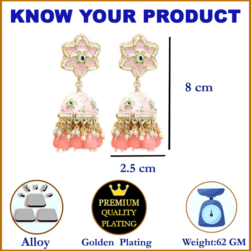 Gold-Plated Peach & White Kundan-Pearls studded Star Shaped Enamelled Jhumka Earrings