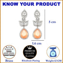 Rhodium-Plated Orange American Diamond studded Teardrop & Leaf Shaped Drop Earrings