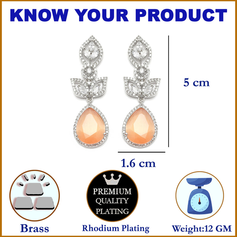 Rhodium-Plated Orange American Diamond studded Teardrop & Leaf Shaped Drop Earrings