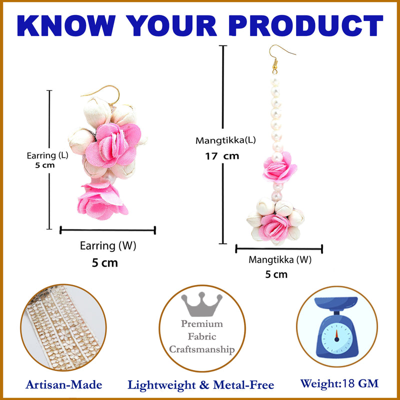 Gold-Plated Pearl White & Pink Gota Patti Flower Maang Tikka Set