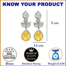 Rhodium-Plated Yellow American Diamond studded Teardrop & Leaf Shaped Drop Earrings