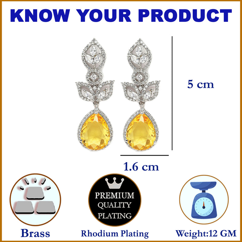 Rhodium-Plated Yellow American Diamond studded Teardrop & Leaf Shaped Drop Earrings