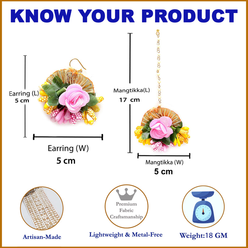 Gold-Plated Pearl Yellow & Pink Gota Patti Flower Maang Tikka Set