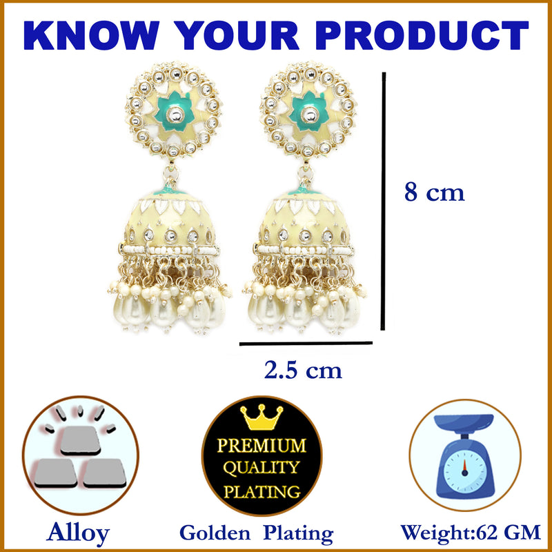 Gold-Plated Cream Kundan & White Pearls studded Dome Shaped Handcrafted Jhumka Earrings