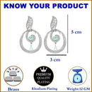 Rhodium-Plated Sea Green & White American Diamond studded Oval Shaped Drop Earrings