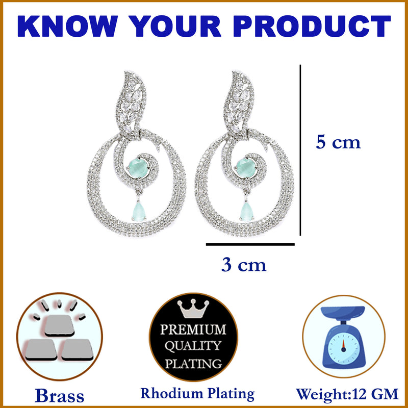 Rhodium-Plated Sea Green & White American Diamond studded Oval Shaped Drop Earrings